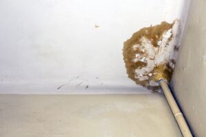 old plumbing pipe that is leaking water and leaving a stain on the ceiling